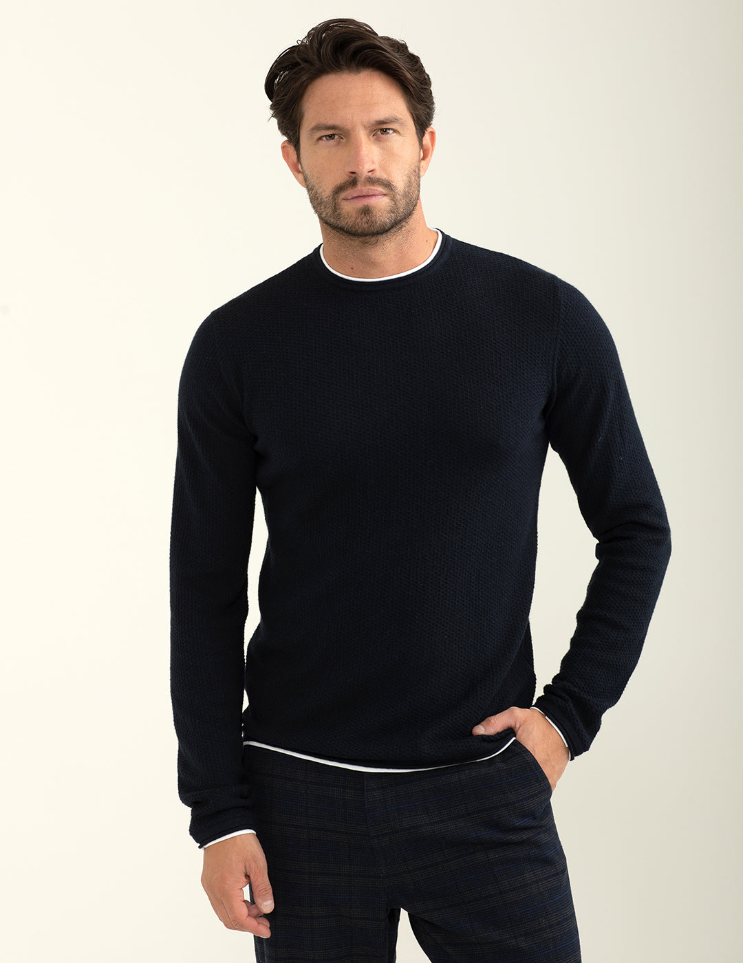 Maglia girocollo con lavorazione a nido d'ape uomo blue fm24w11mg cc-a0601 Maglia girocollo con lavorazione a nido d'ape