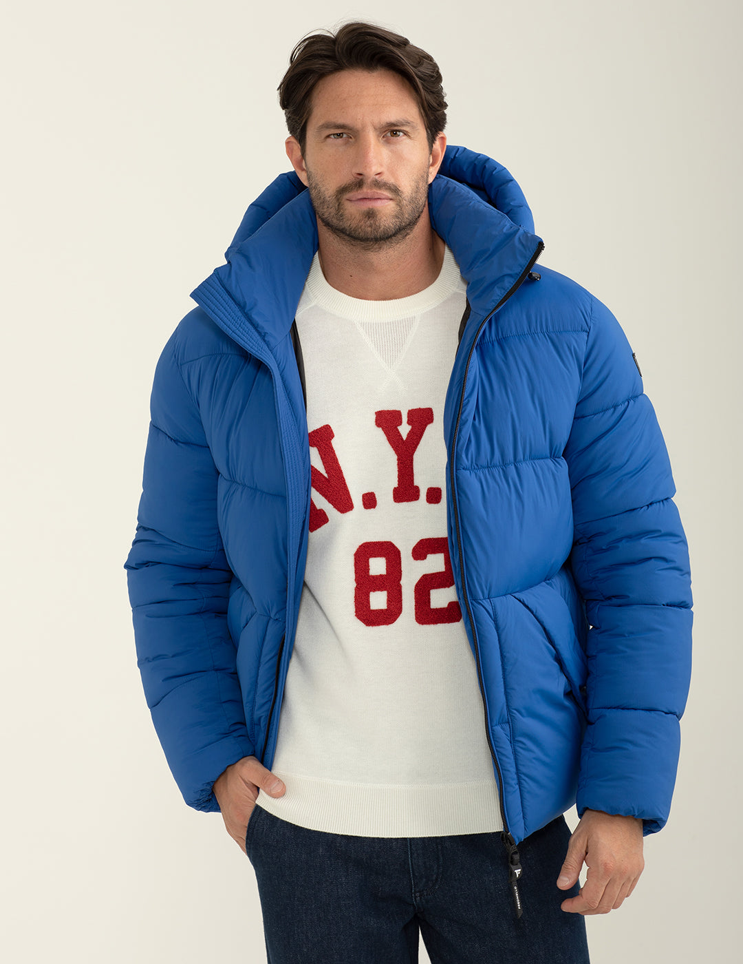 Piumino con cappuccio in materiale stretch uomo bluette fm24w14kd cc-a0606 Piumino con cappuccio in materiale stretch