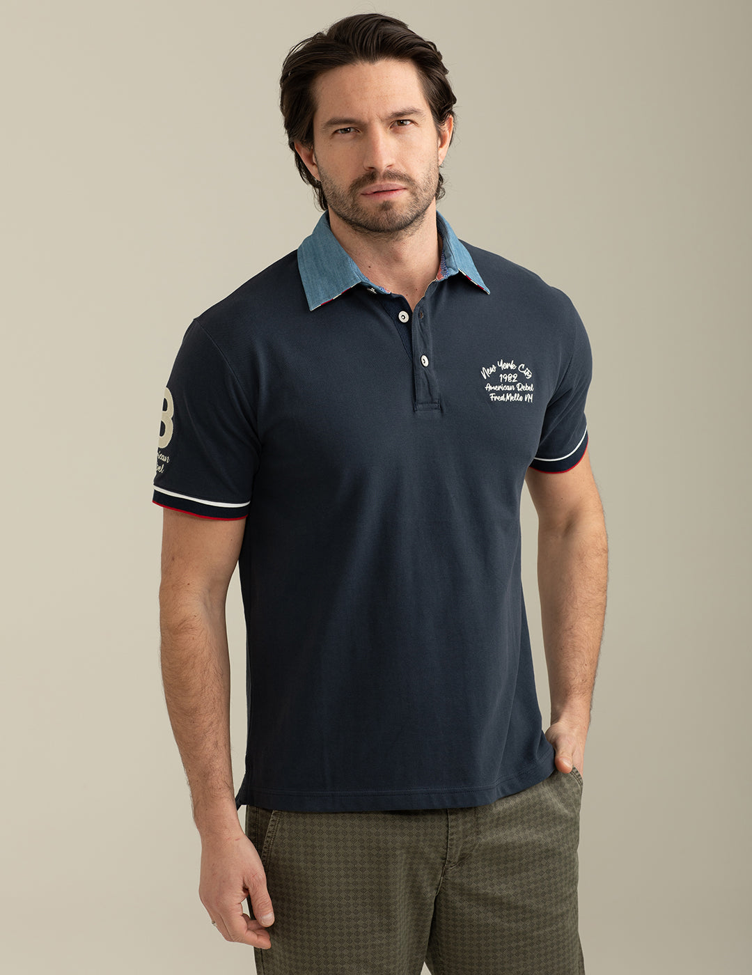 Piquet polo shirt with chambray collar blue Man FM25S18QC – Fredmello®