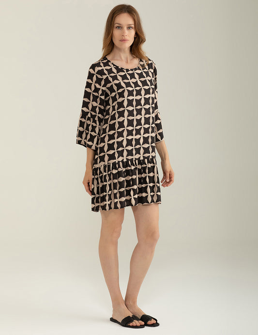 Poplin 3/4 Sleeve crew-neck Dress - back - 002