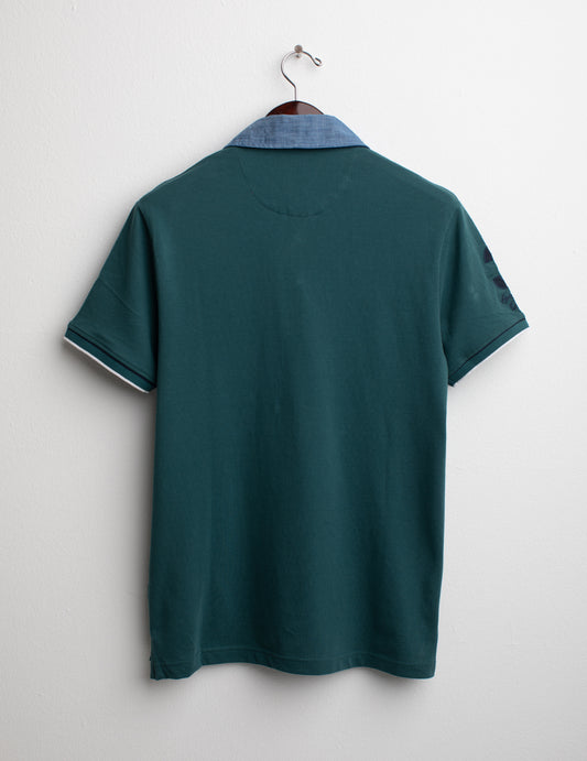 Piquet polo shirt with chambray collar - back - 002