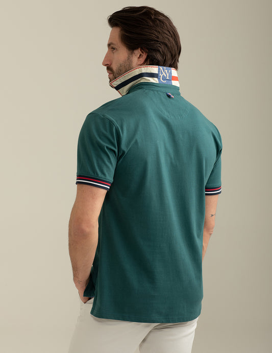 Short Sleeve Polo Shirt with Contrasting Gabardine Collar - back - 002
