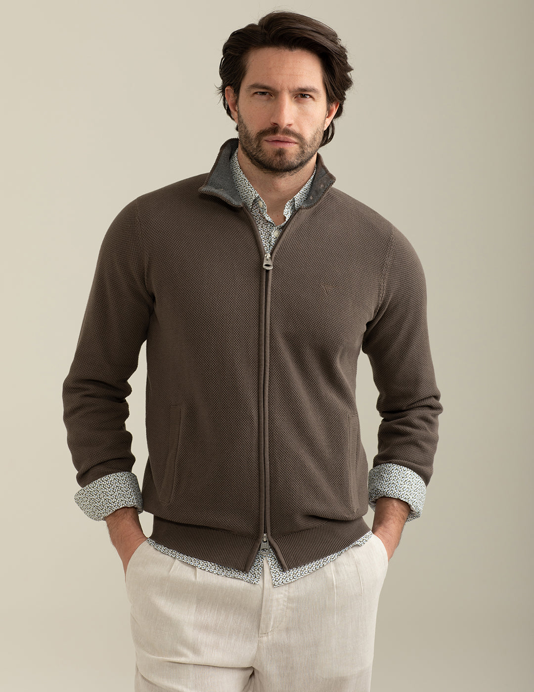 Full Zip Long Sleeve Sweater man taupe fm25s06mz cc-a0114 Full Zip Long Sleeve Sweater