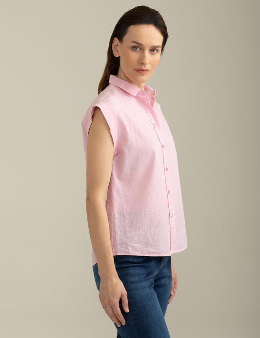 Linen Blend Turn-Up Short Sleeve Shirt - back - 002