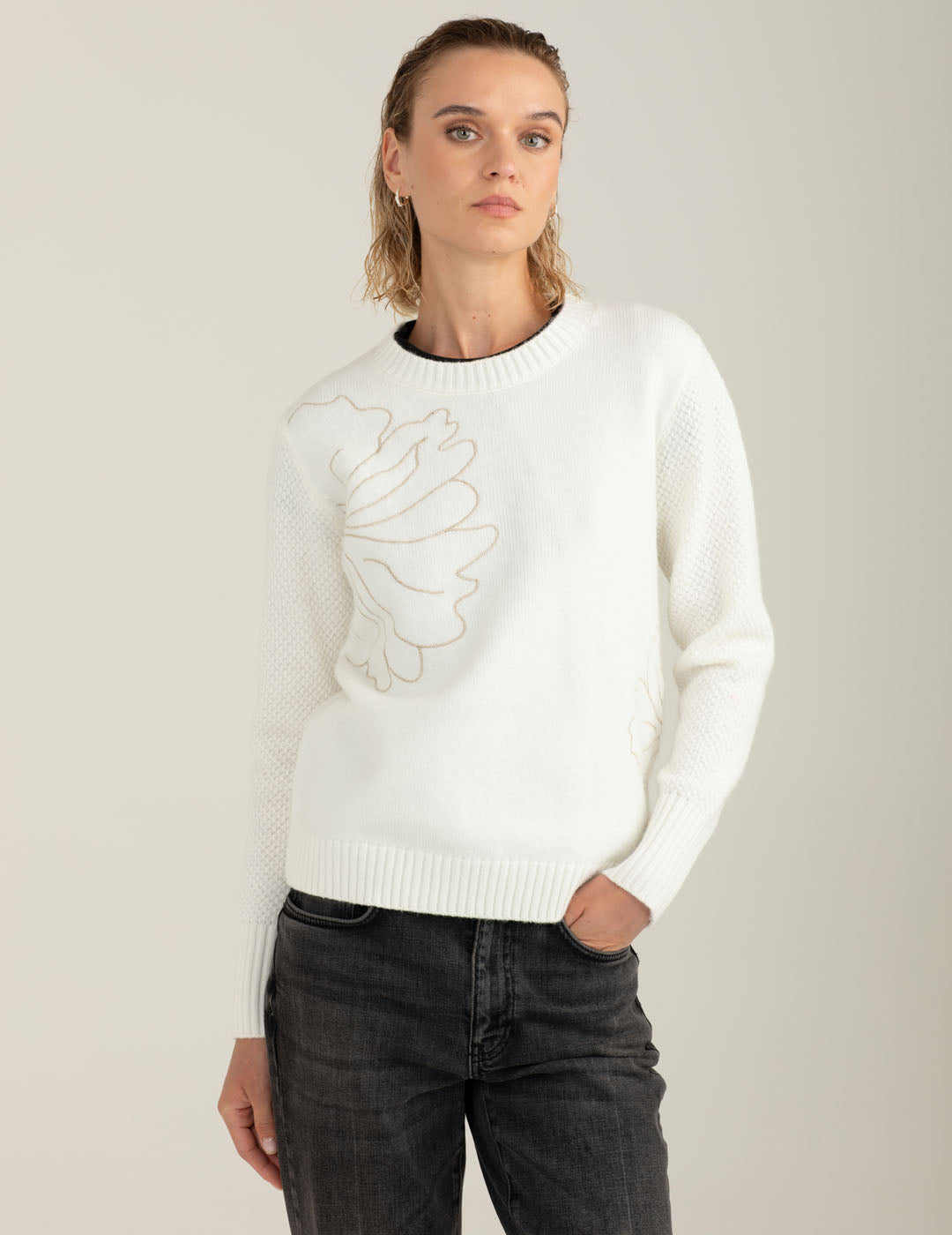 Maglia girocollo floreale ricamata con filo lurex donna off white fw25w56mg cc-a0002 Maglia girocollo floreale ricamata con filo lurex