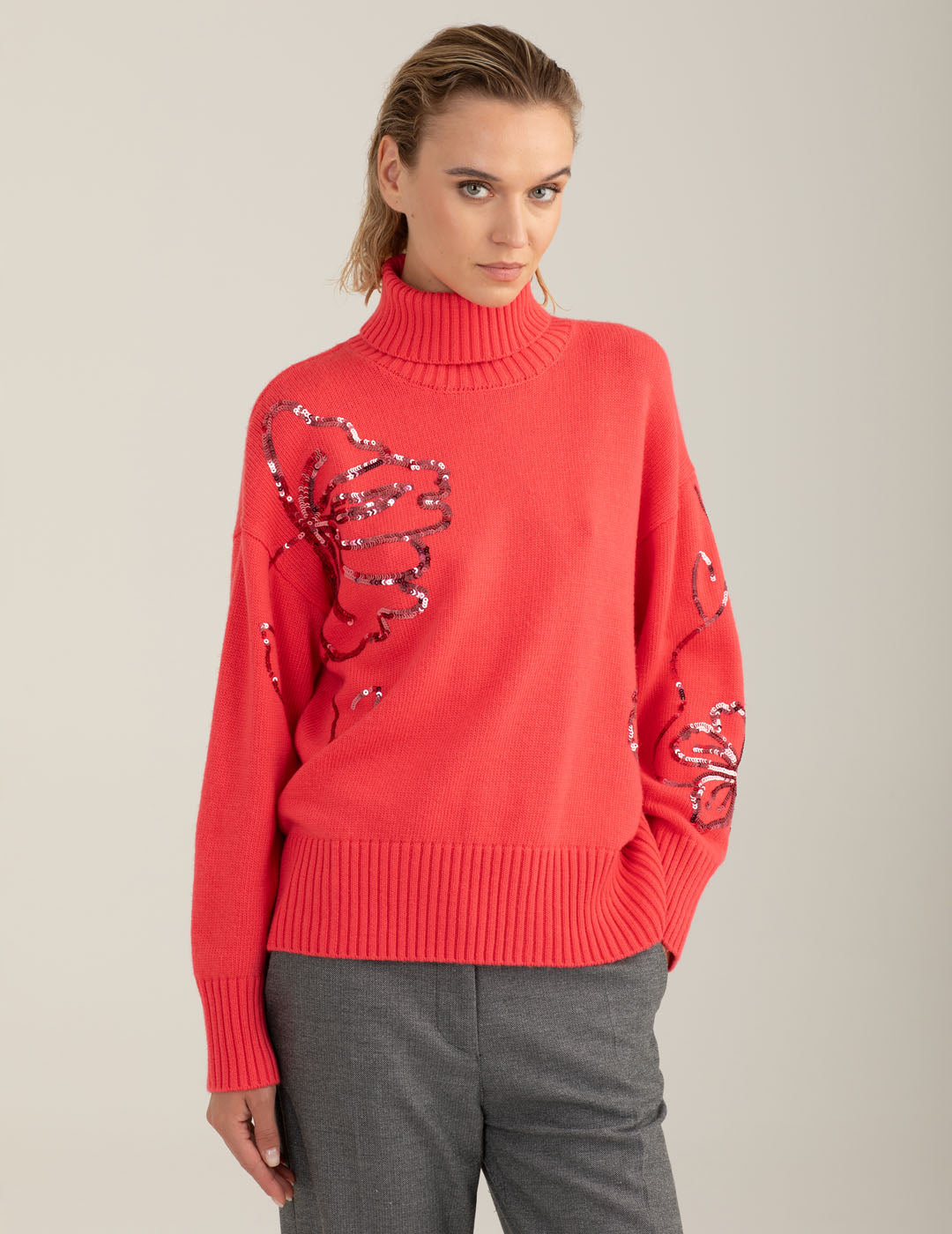 Maglia dolcevita con ricami floreali donna fucsia fw25w12md cc-a0408 Maglia dolcevita con ricami floreali