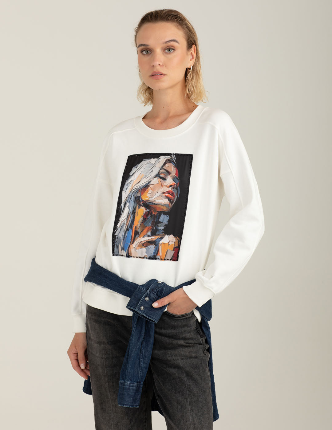 Felpa girocollo con patch in raso e strass donna off white fw25w14fg cc-a0002 Felpa girocollo con patch in raso e strass