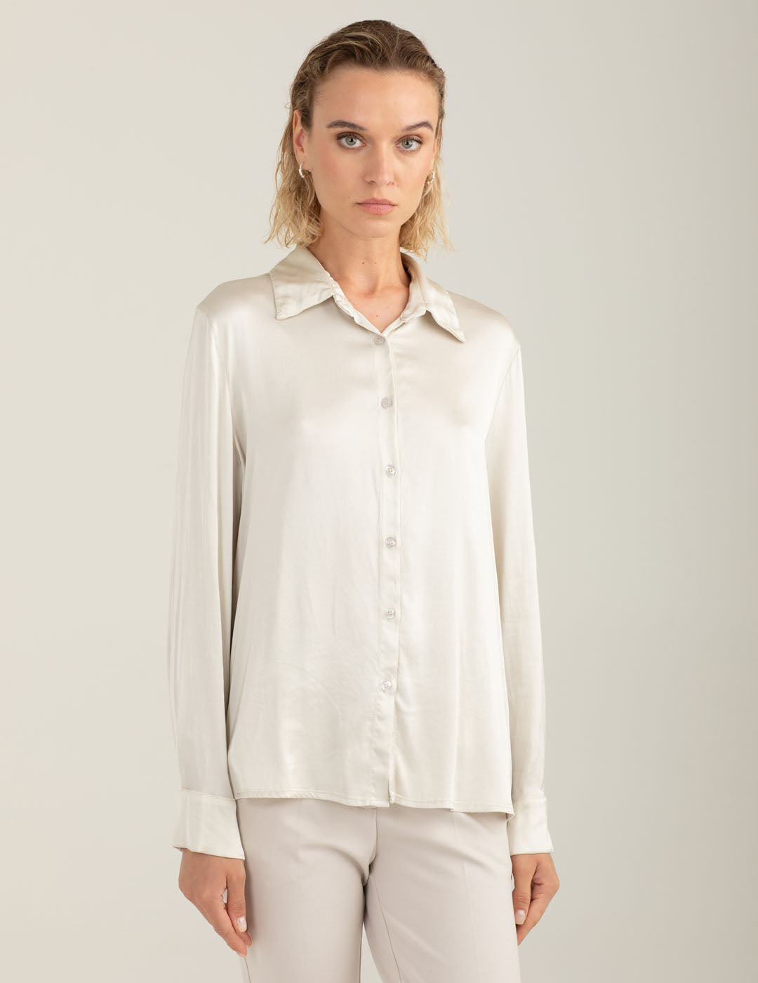satin dress shirt Stretch satin shirt cream Woman FW25W09CU – Fredmello®