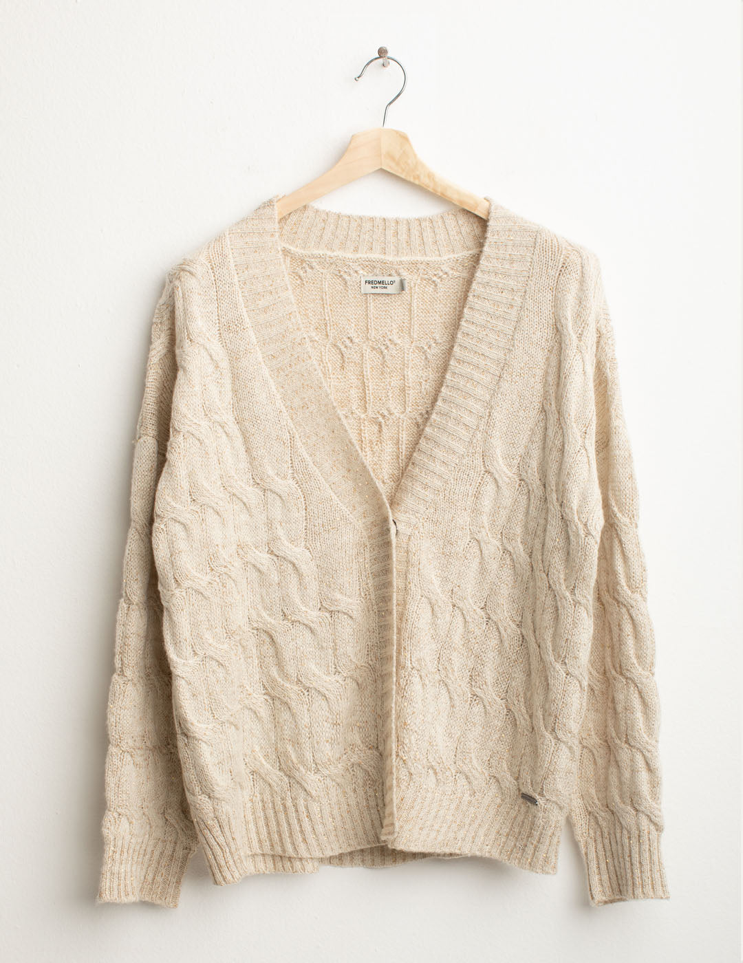 Maglia cardigan a trecce con micropaillettes donna off white fw25w45mk cc-a0002 Maglia cardigan a trecce con micropaillettes