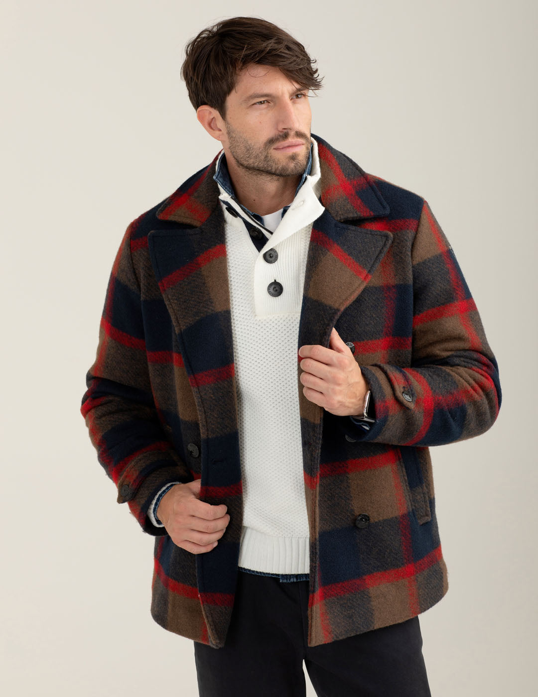 Padded double-breasted check jacket man red fm25w18kt cc-a0301 Padded double-breasted check jacket