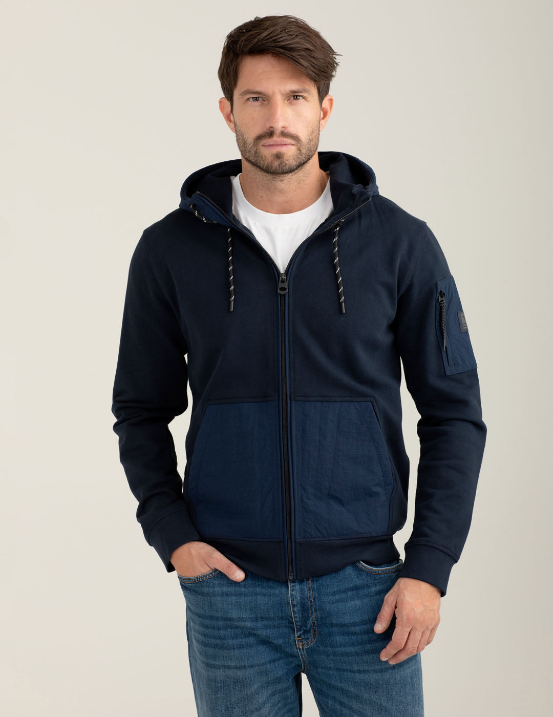 Felpa full zip con cappuccio e dettagli in nylon blue Uomo
