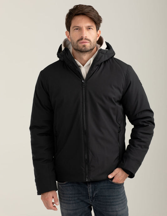 Giubbotto in soft-shell con cappuccio e dettagli a contrasto uomo black fm25w22ku cc-a0951