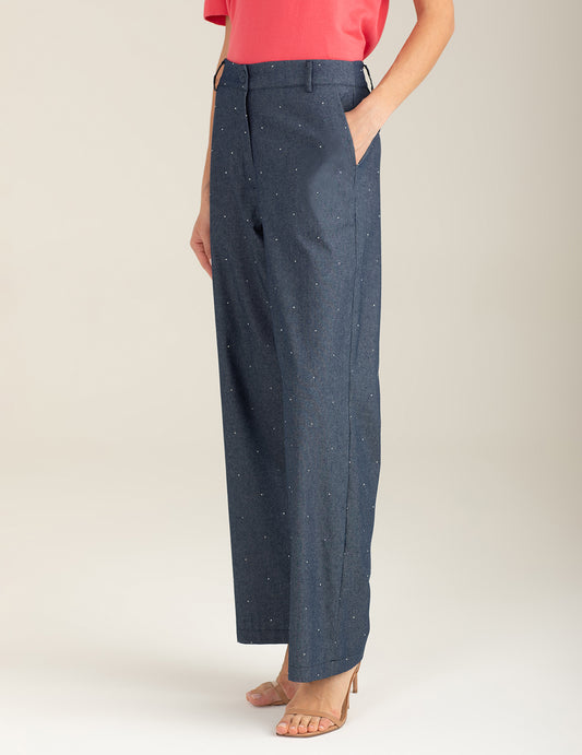 Pantalone palazzo in tessuto chambray con strass - back - 002