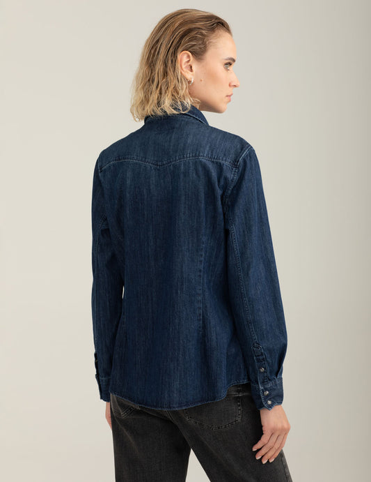 Camicia in denim stretch con strass - back - 002