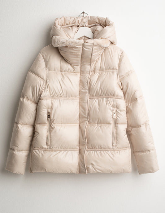 PUFFER JACKET WITH DETACHABLE HOOD AND FUR-LOOK COLLAR - back - 002