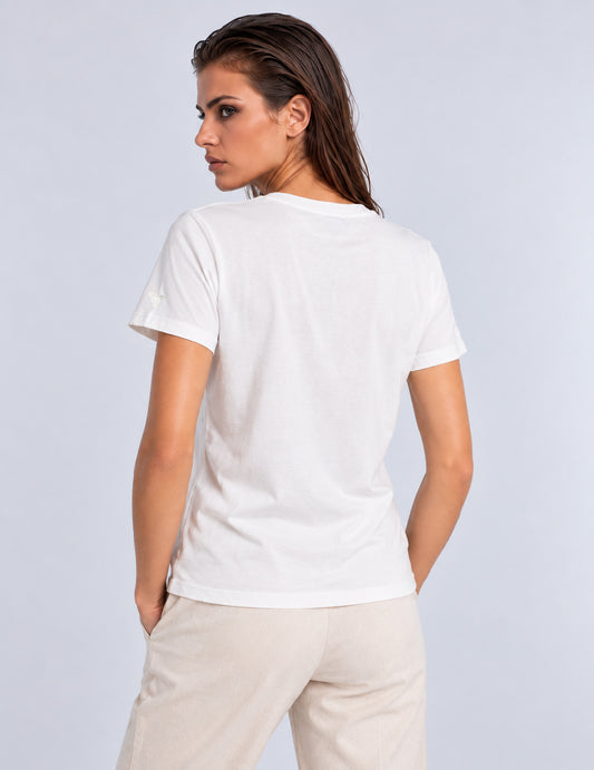 T-SHIRT CON STAMPA LAMINATA, PERLINE E RICAMI - back - 002