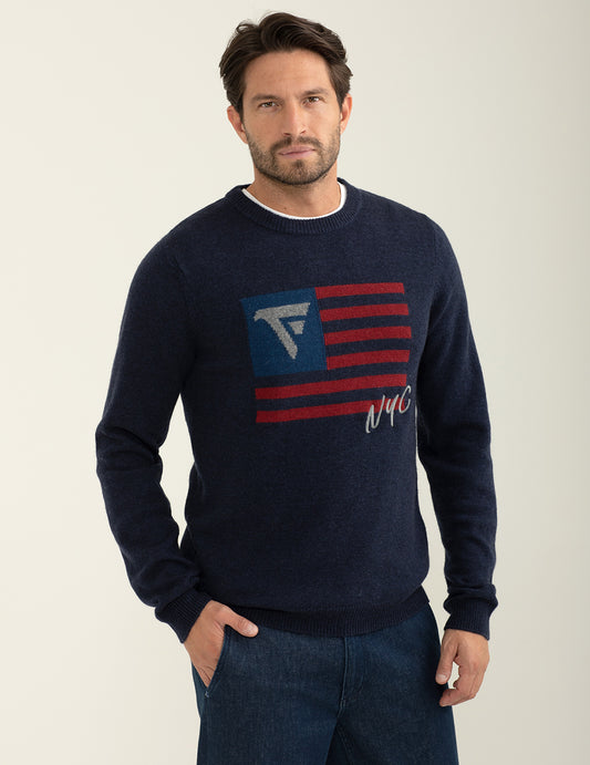Maglia girocollo a maniche lunghe con intarsio uomo blue fm24w32mg cc-a0601