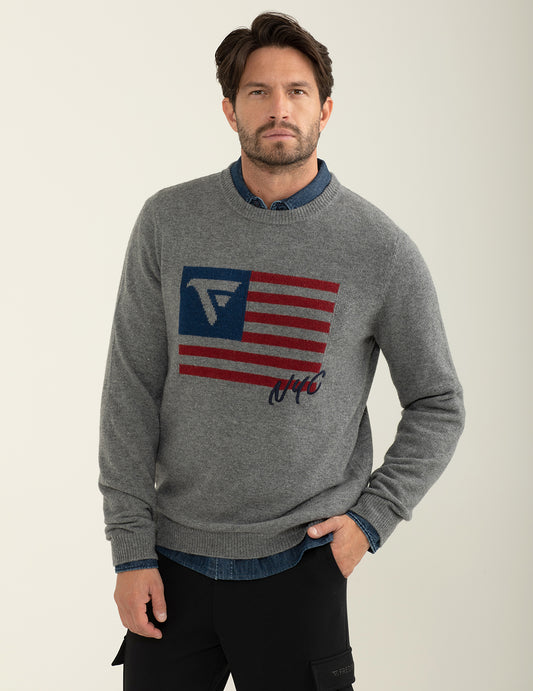 Maglia girocollo a maniche lunghe con intarsio uomo gray melange fm24w32mg cc-a0901