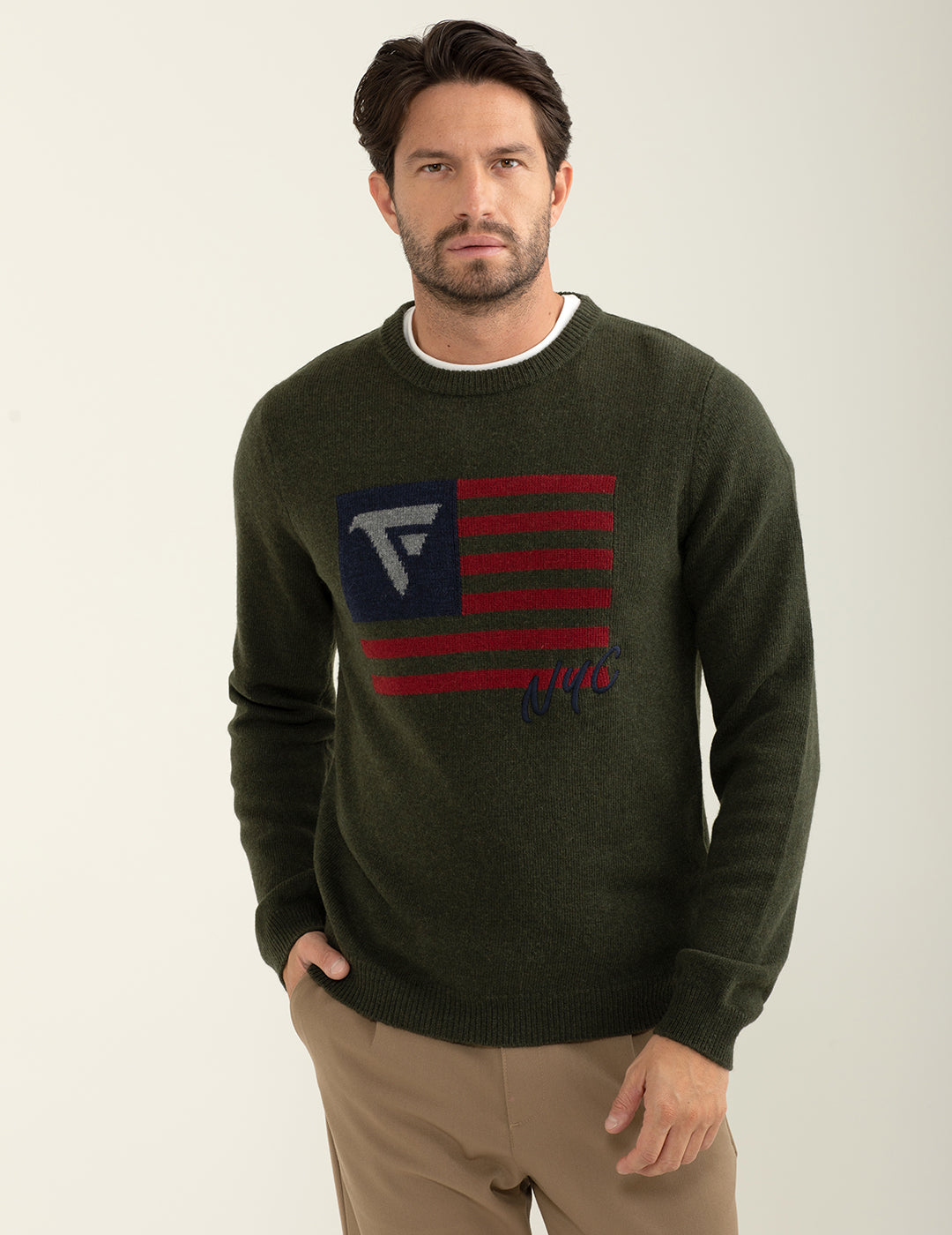 Maglia girocollo a maniche lunghe con intarsio uomo army fm24w32mg cc-a0804 Maglia girocollo a maniche lunghe con intarsio