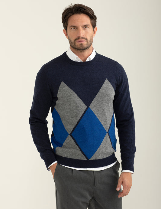 Maglia girocollo con intarsio a rombi in contrasto uomo blue fm24w37mg cc-a0601