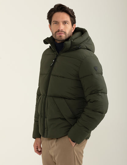 Piumino con cappuccio in materiale stretch