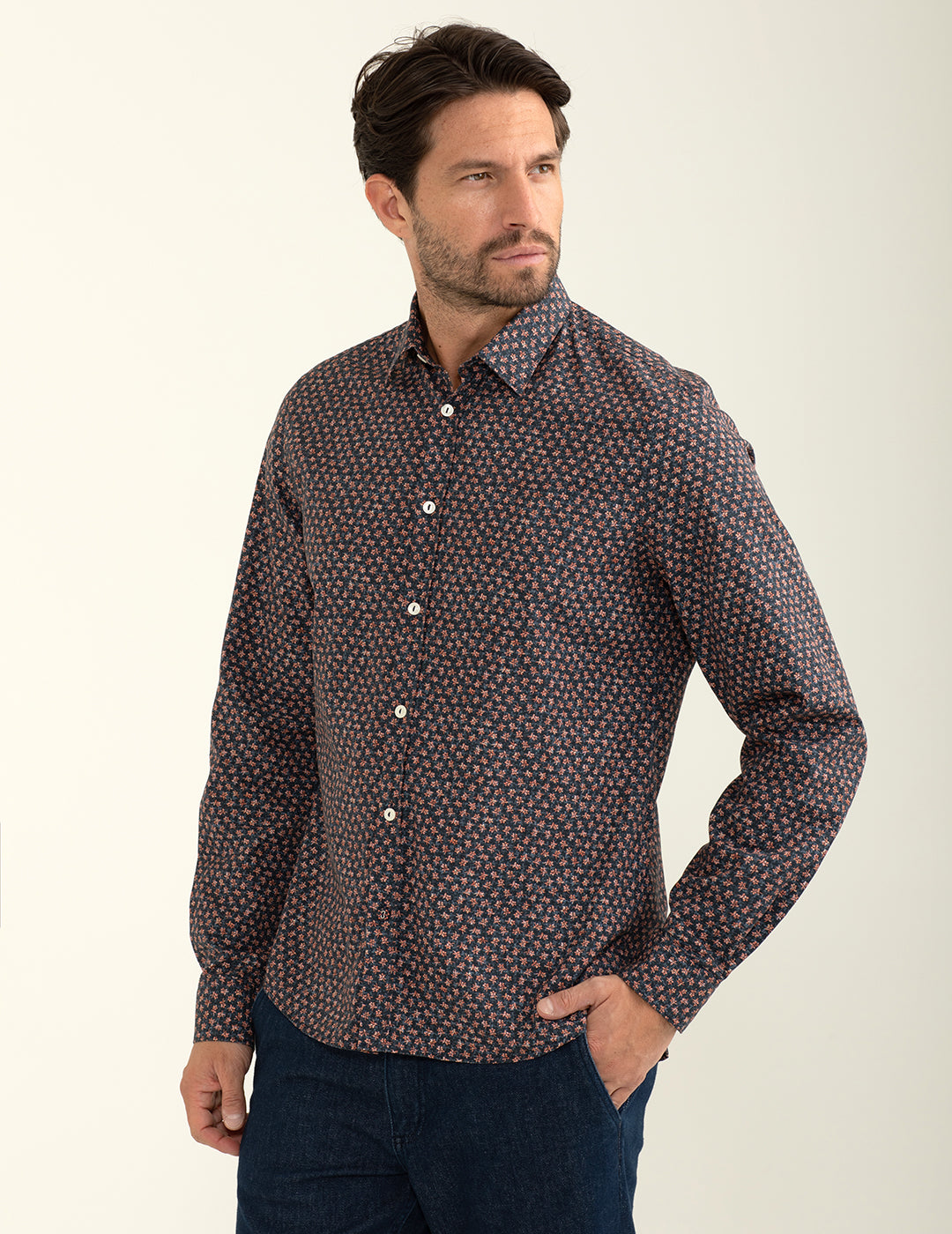 Camicia in popeline con micro-fiore stampato allover uomo blue fm24w05cs cc-a0601 Camicia in popeline con micro-fiore stampato allover