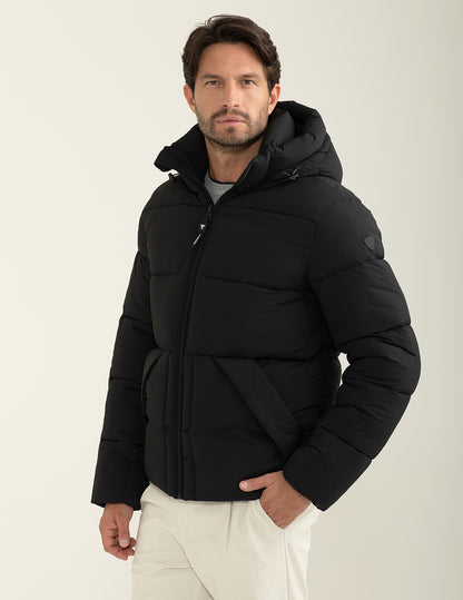 Piumino con cappuccio in materiale stretch