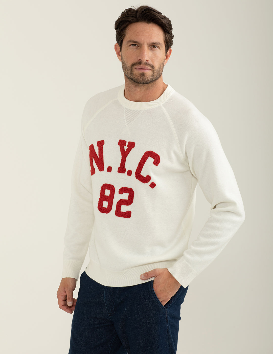Crew-neck sweater with raglan cut man cream fm24w50mg cc-a0017 Crew-neck sweater with raglan cut