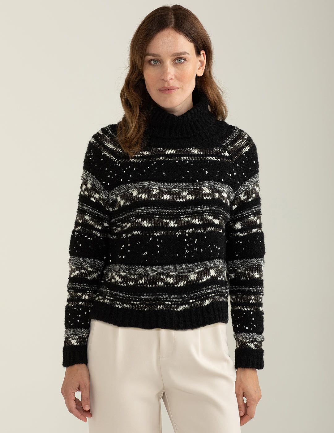 Maglia dolcevita con fantasia a righe effetto sale e pepe donna black fw24w12md cc-a0951 Maglia dolcevita con fantasia a righe effetto sale e pepe