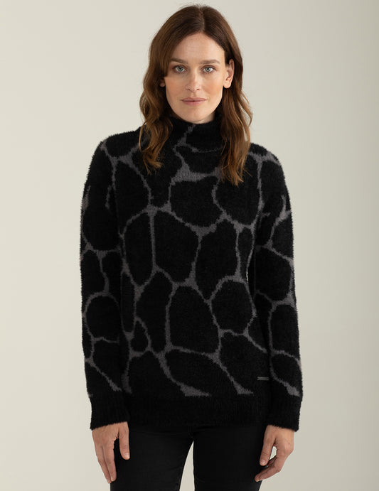 Maglia girocollo alto con sofisticata fantasia jacquard animalier donna black fw24w24mg cc-a0951