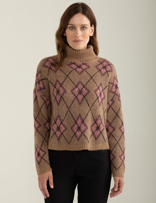Maglia dolcevita con fantasia jacquard piazzata donna beige fw24w07md cc-a0101