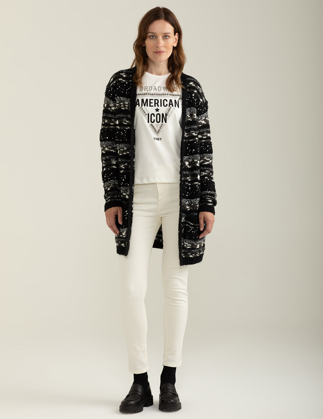 Cardigan con fantasia a righe effetto sale e pepe donna black fw24w27mk cc-a0951 Cardigan con fantasia a righe effetto sale e pepe