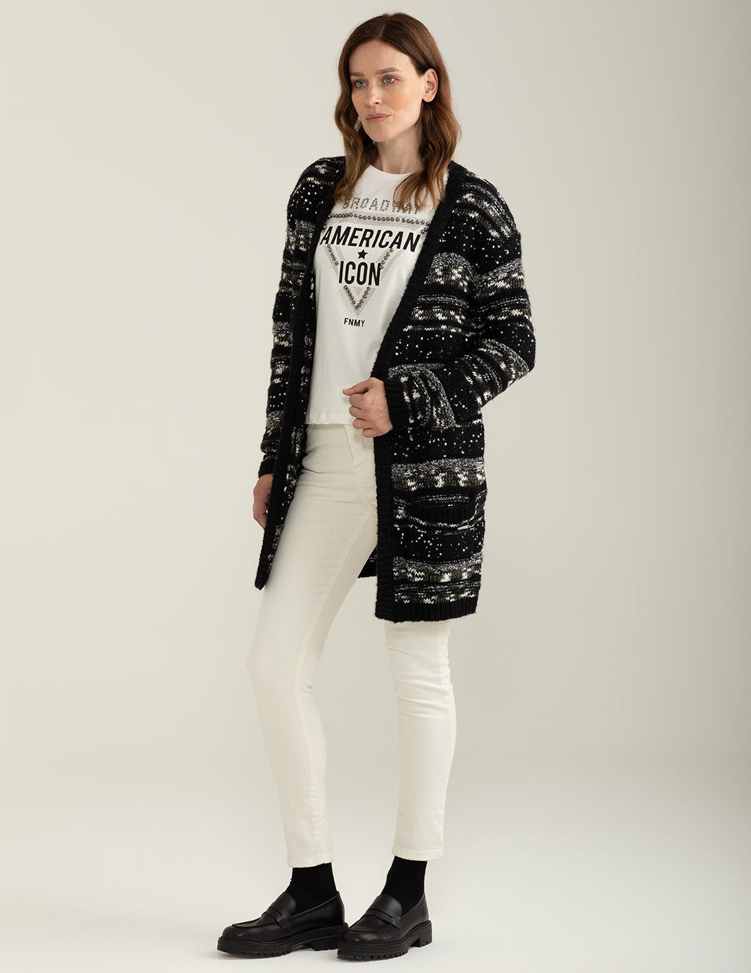 Cardigan con fantasia a righe effetto sale e pepe donna black fw24w27mk cc-a0951 Cardigan con fantasia a righe effetto sale e pepe