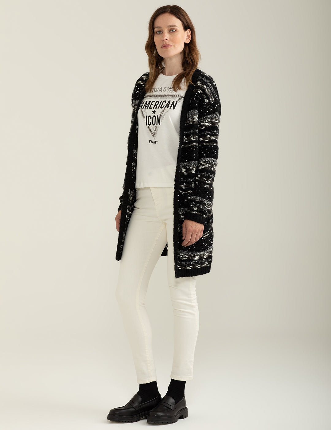 Cardigan con fantasia a righe effetto sale e pepe donna black fw24w27mk cc-a0951 Cardigan con fantasia a righe effetto sale e pepe