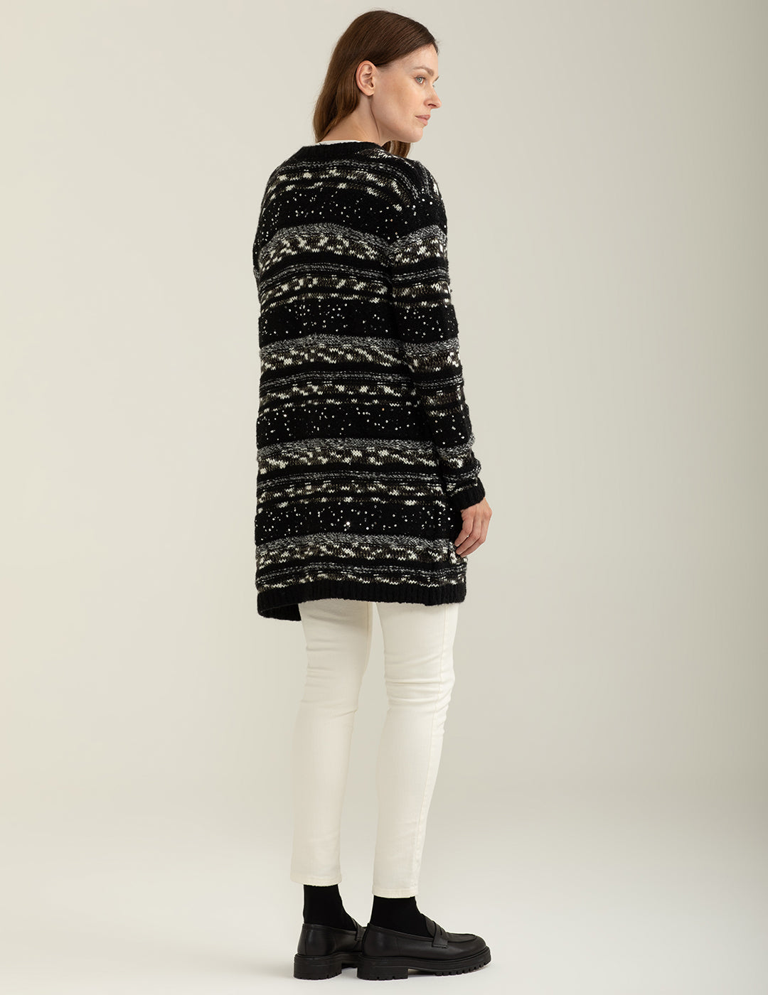 Cardigan con fantasia a righe effetto sale e pepe donna black fw24w27mk cc-a0951 Cardigan con fantasia a righe effetto sale e pepe