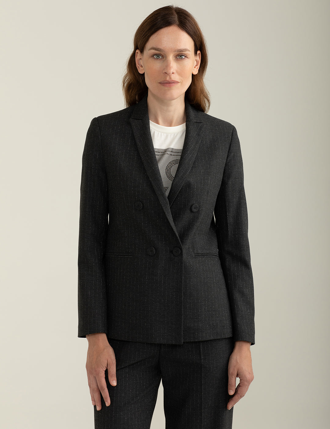 Blazer doppiopetto in tessuto gessato donna dark gray melange fw24w03bt cc-a0904 Blazer doppiopetto in tessuto gessato