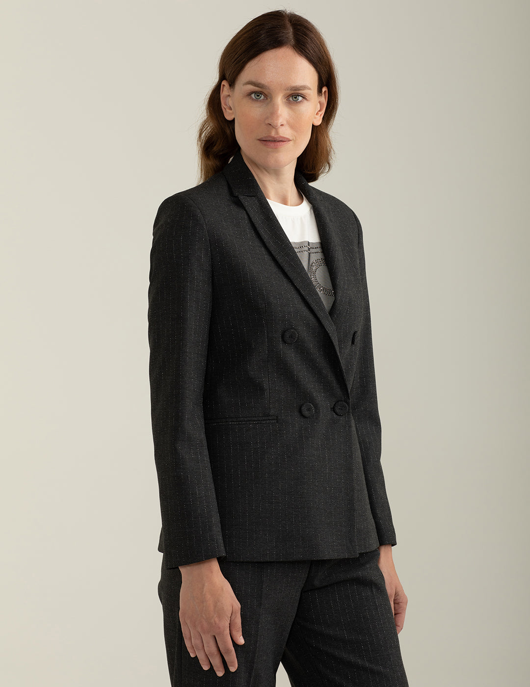 Blazer doppiopetto in tessuto gessato donna dark gray melange fw24w03bt cc-a0904 Blazer doppiopetto in tessuto gessato
