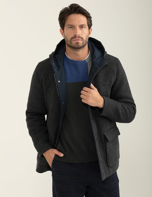 Cappotto in tessuto armaturato con cappuccio uomo antracite melange fm24w28ku cc-a0953