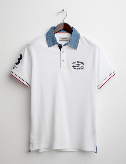 Polo in Piquet con Collo in Chambray