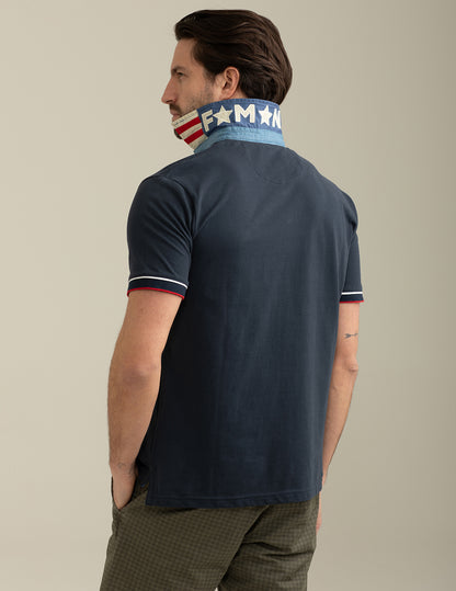 Polo in Piquet con Collo in Chambray