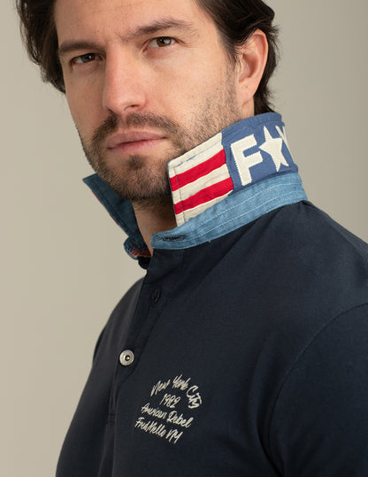 Polo in Piquet con Collo in Chambray