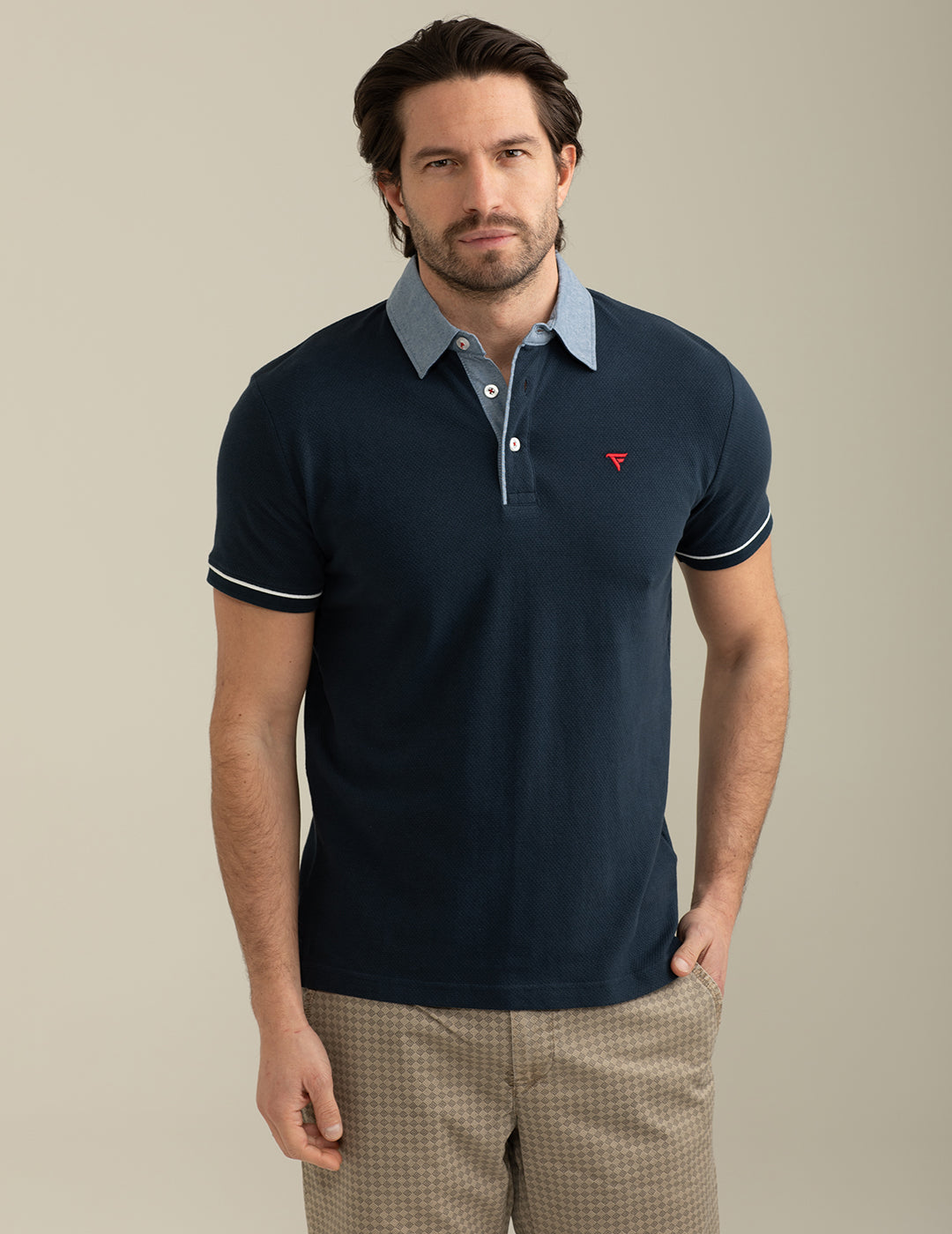 Textured Short Sleeve Polo man blue fm25s24qc cc-a0601 Textured Short Sleeve Polo