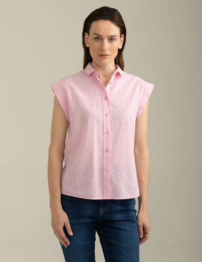 Camicia Manica Corta Risvoltata in Misto Lino