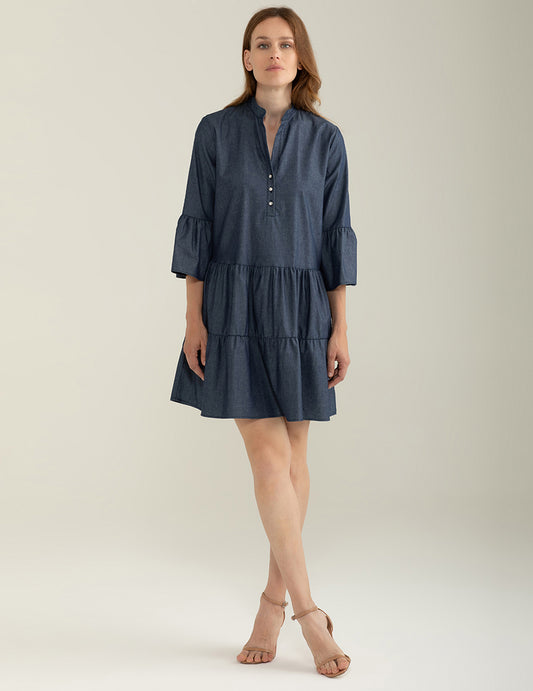 Abito Girocollo Manica 3/4 in Chambray donna indigo fw25s30au cc-a0608 Abito Girocollo Manica 3/4 in Chambray