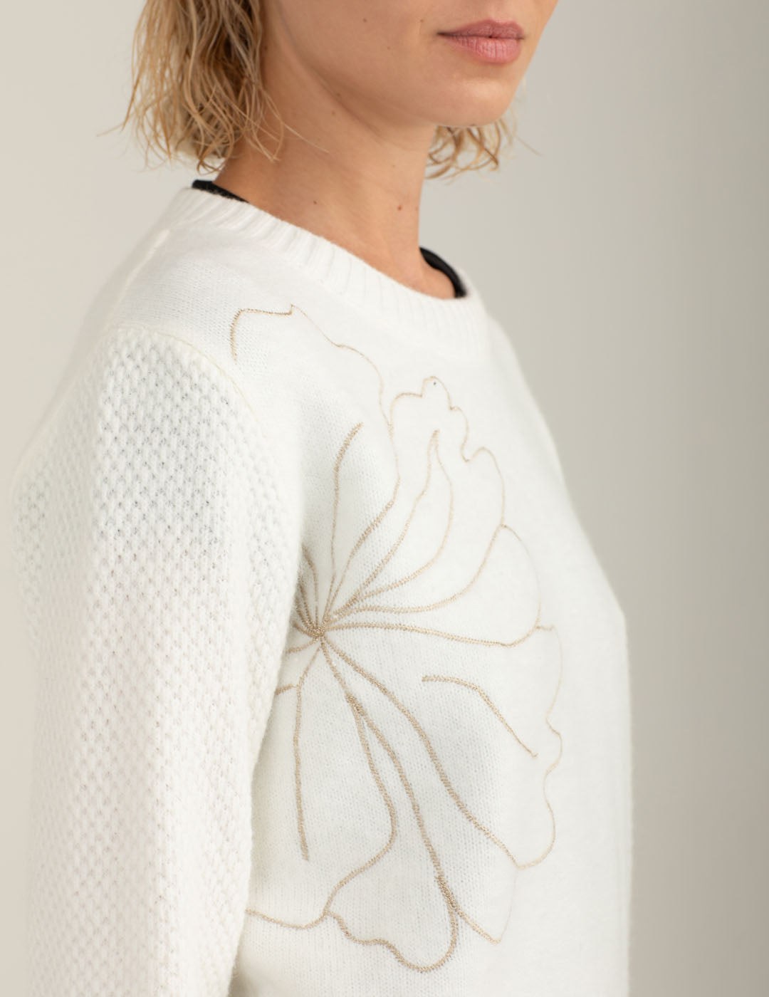 Maglia girocollo floreale ricamata con filo lurex donna off white fw25w56mg cc-a0002 Maglia girocollo floreale ricamata con filo lurex