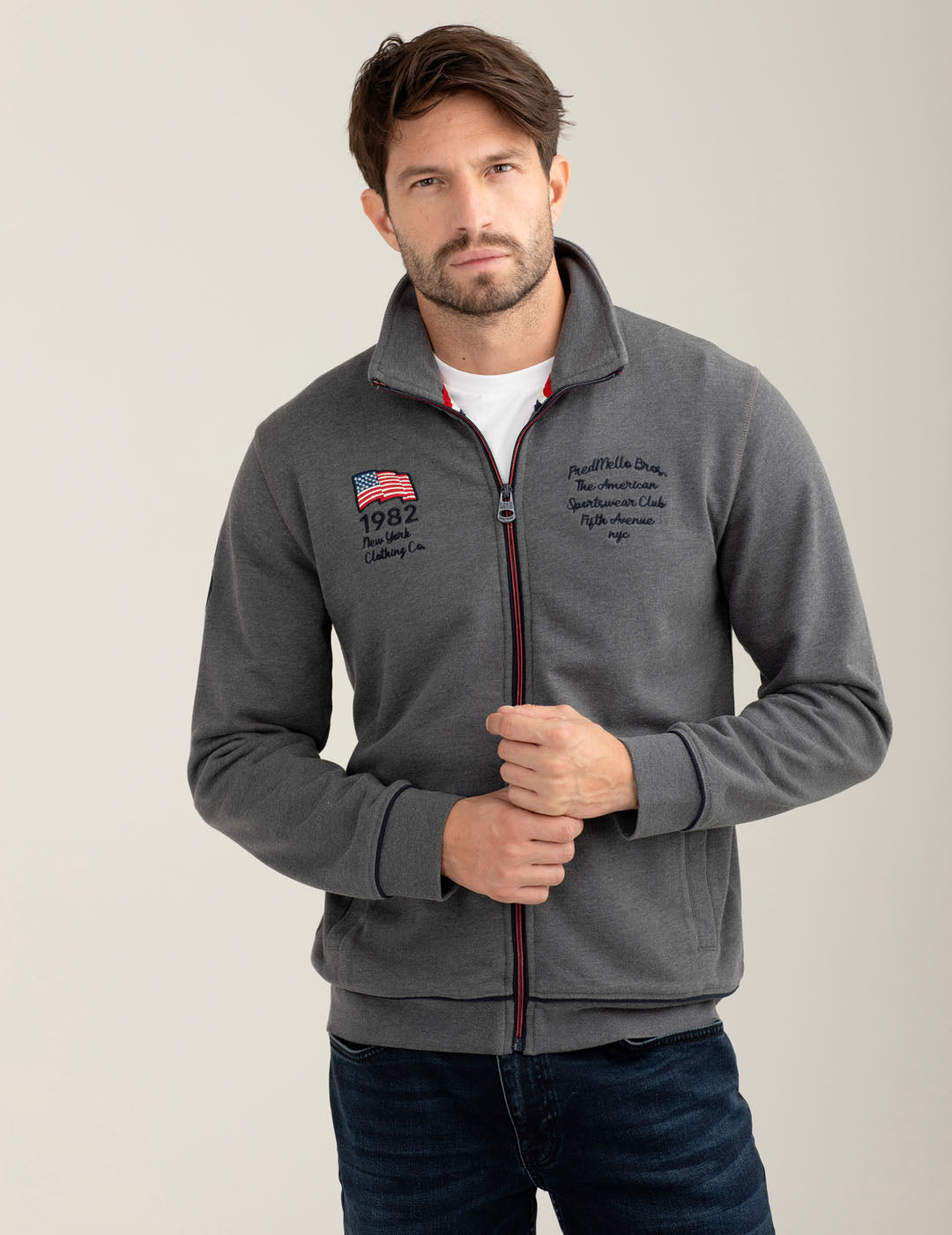 Full-zip sweatshirt with American Flag details man antracite melange fm25w20fz cc-a0953 Full-zip sweatshirt with American Flag details