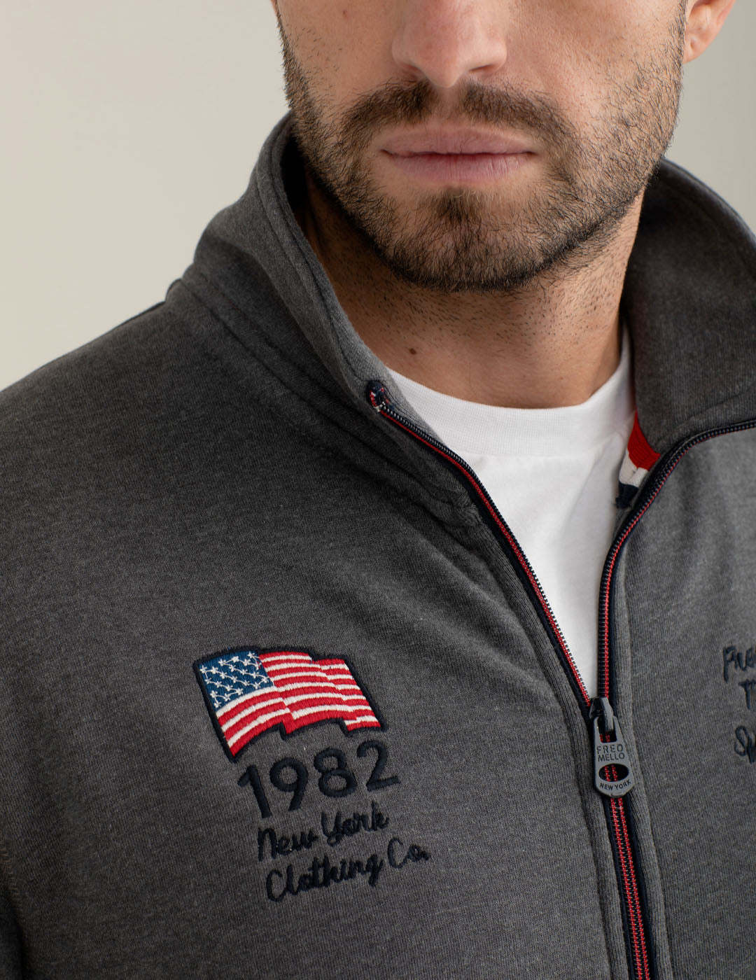 Felpa full zip con dettagli American Flag uomo antracite melange fm25w20fz cc-a0953 Felpa full zip con dettagli American Flag