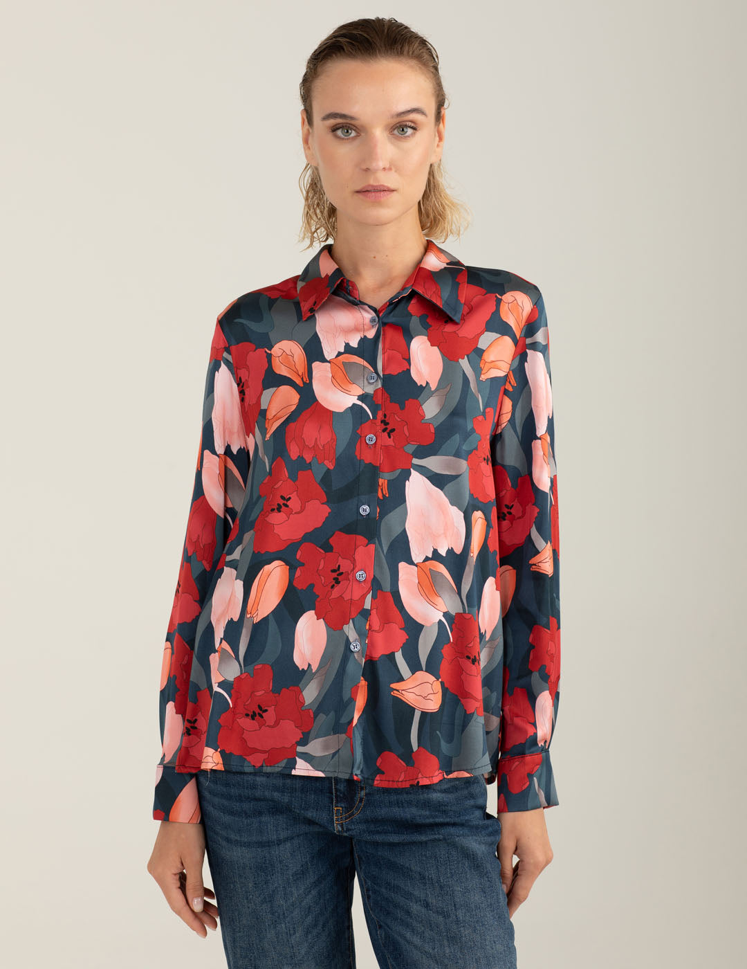 Camicia in raso stretch stampato donna red fw25w10cs cc-a0301 Camicia in raso stretch stampato
