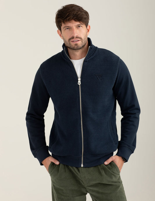 Felpa full zip con collo in piedi e dettagli in maglia uomo blue fm25w05fz cc-a0601