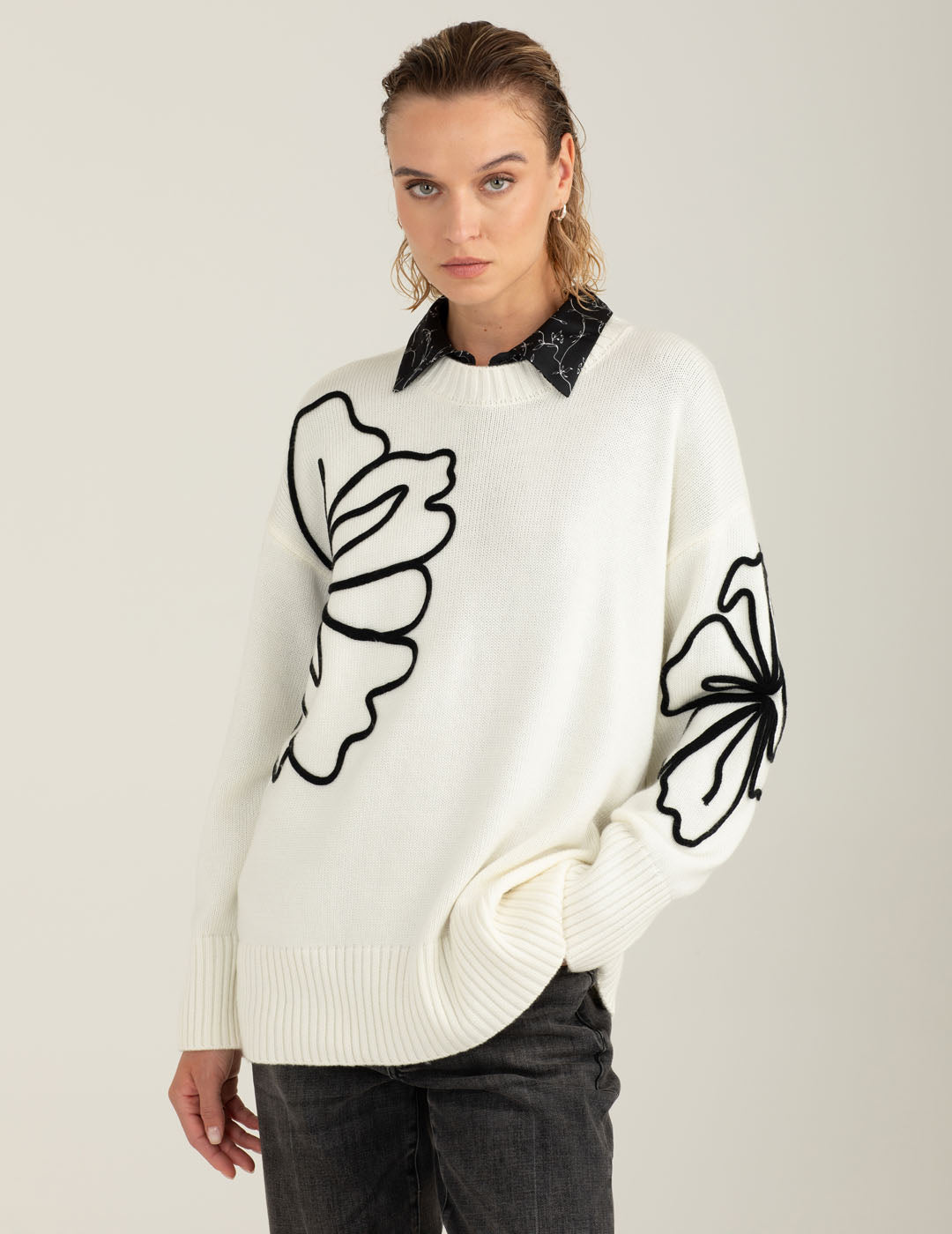 Maglia girocollo floreale ricamata donna off white fw25w11mg cc-a0002 Maglia girocollo floreale ricamata